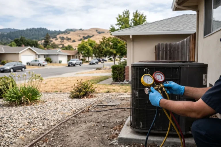 Technician checking refrigerant pressure on an outdoor AC unit