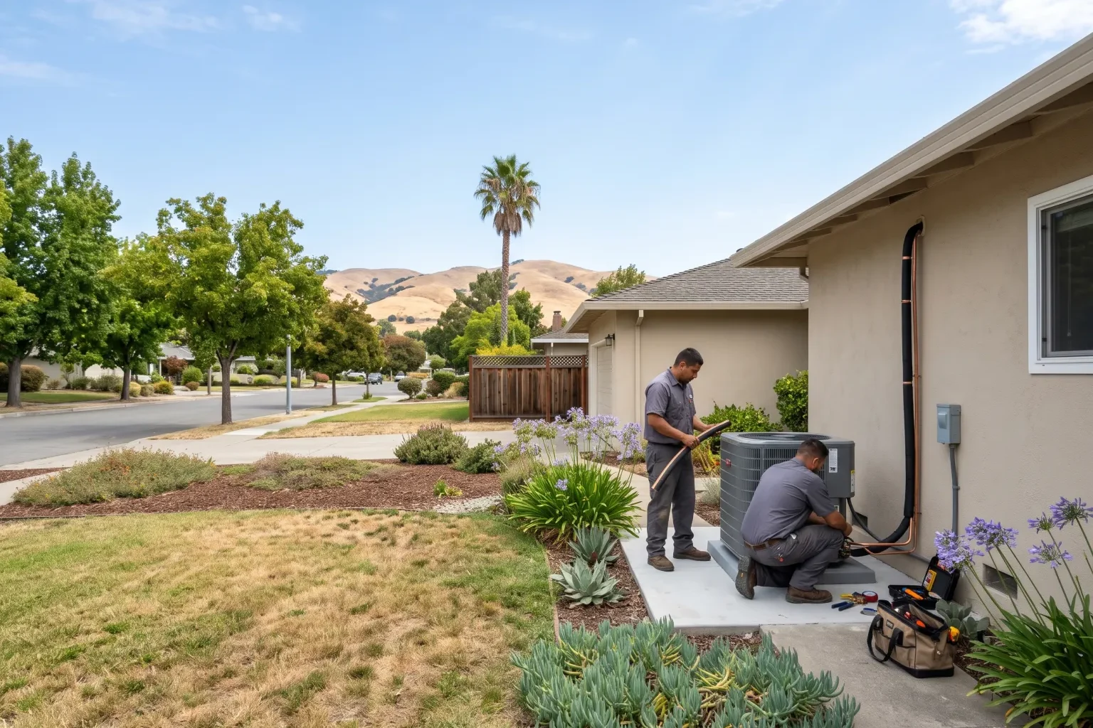 Technicians installing a new outdoor air conditioning unit beside a home